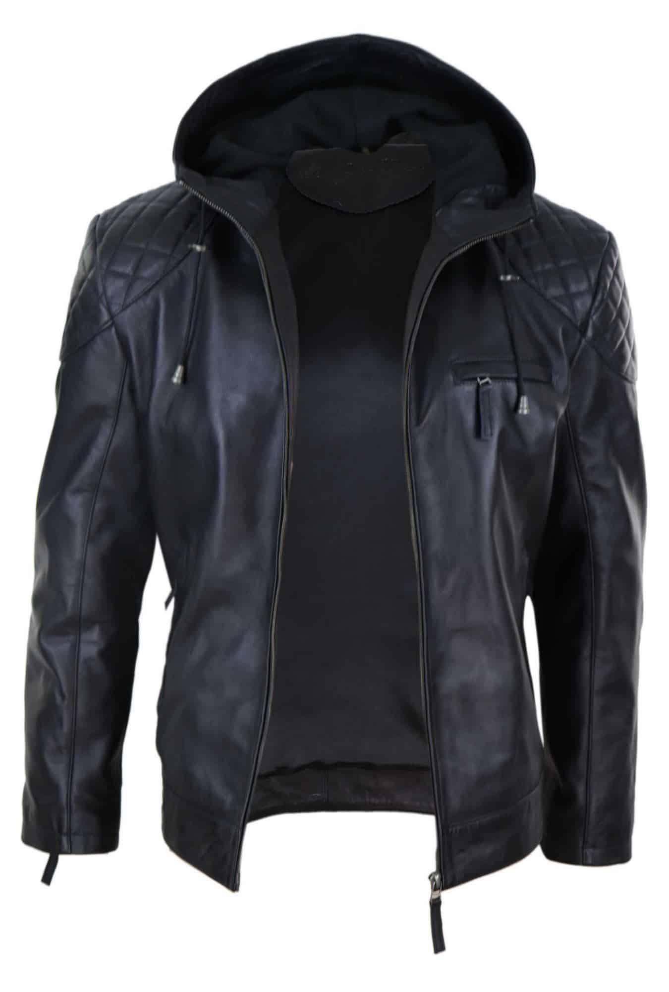 Jaqueta de couro masculina com capuz estilo motociclista - Preta