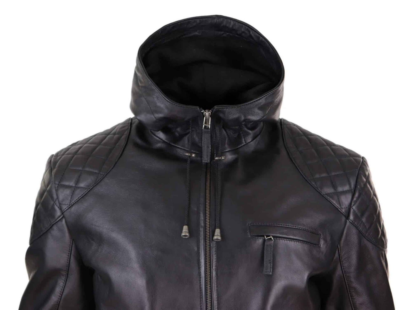 Jaqueta de couro masculina com capuz estilo motociclista - Preta