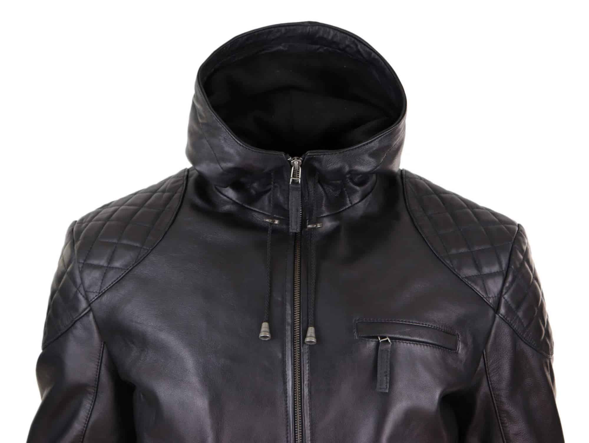 Jaqueta de couro masculina com capuz estilo motociclista - Preta