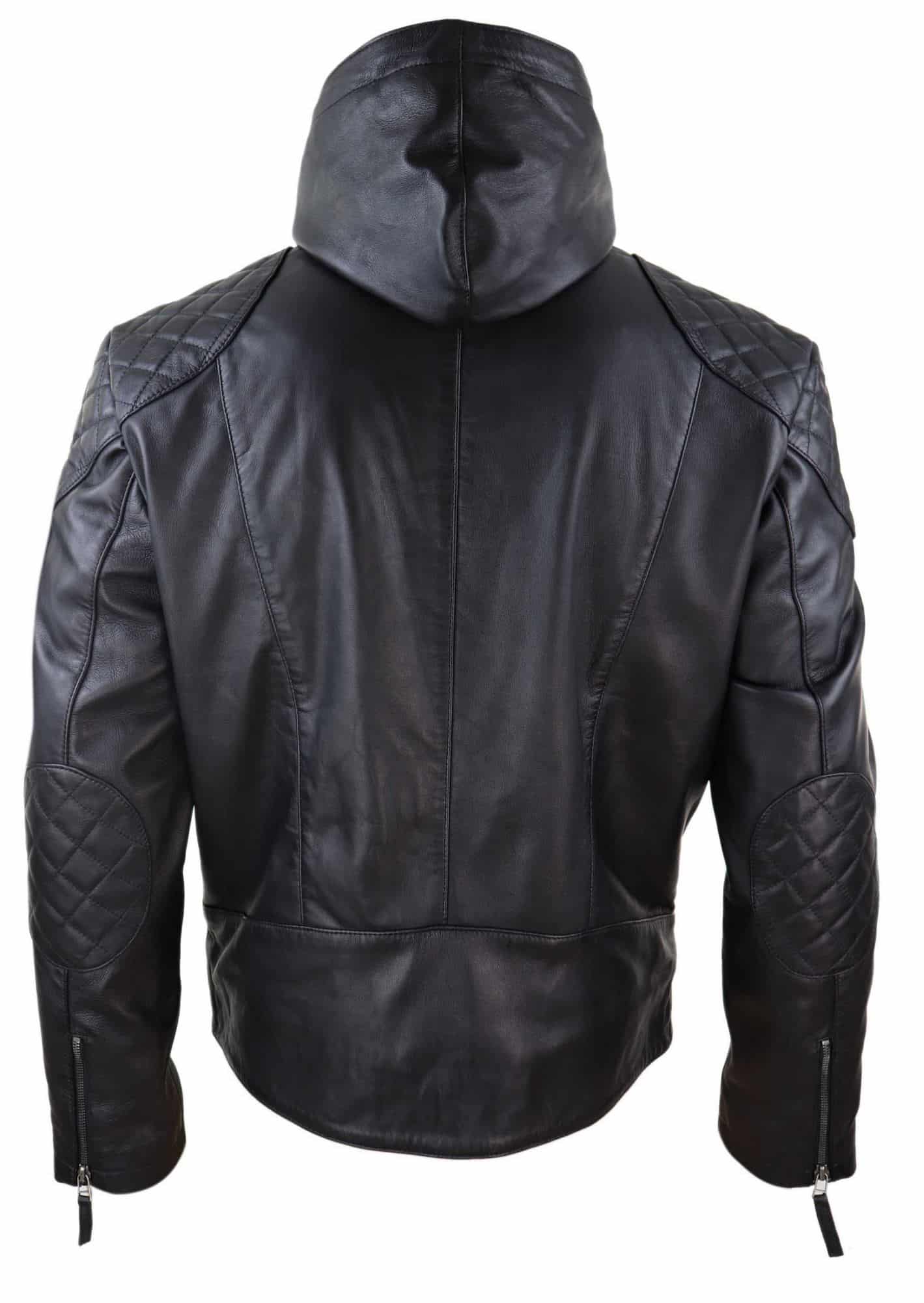 Jaqueta de couro masculina com capuz estilo motociclista - Preta