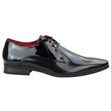 Sapatos masculinos elegantes e formais, com bico fino perfurado e cadarço, em couro envernizado preto PU.