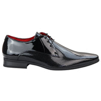 Sapatos masculinos elegantes e formais, com bico fino perfurado e cadarço, em couro envernizado preto PU.