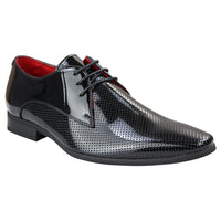 Sapatos masculinos elegantes e formais, com bico fino perfurado e cadarço, em couro envernizado preto PU.