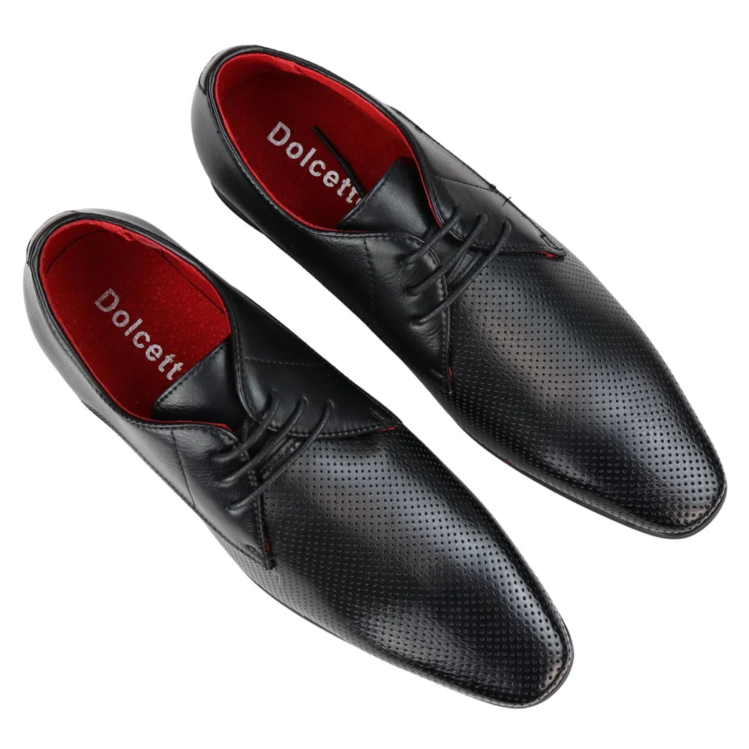 Sapatos masculinos elegantes e formais, de bico fino perfurado, com cadarço, em couro PU preto.
