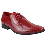 Sapatos masculinos elegantes e formais, perfurados, de bico fino, com cadarço, em couro envernizado PU vermelho.