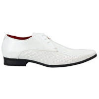 Sapatos masculinos elegantes e formais, com bico fino perfurado e cadarço, em couro envernizado PU branco.