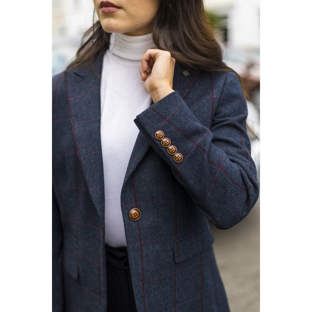 Madrid - Blazer feminino de tweed azul-marinho com corte ajustado