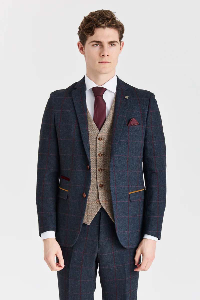 Terno Madrid Navy com colete contrastante em tweed Harris Brown.