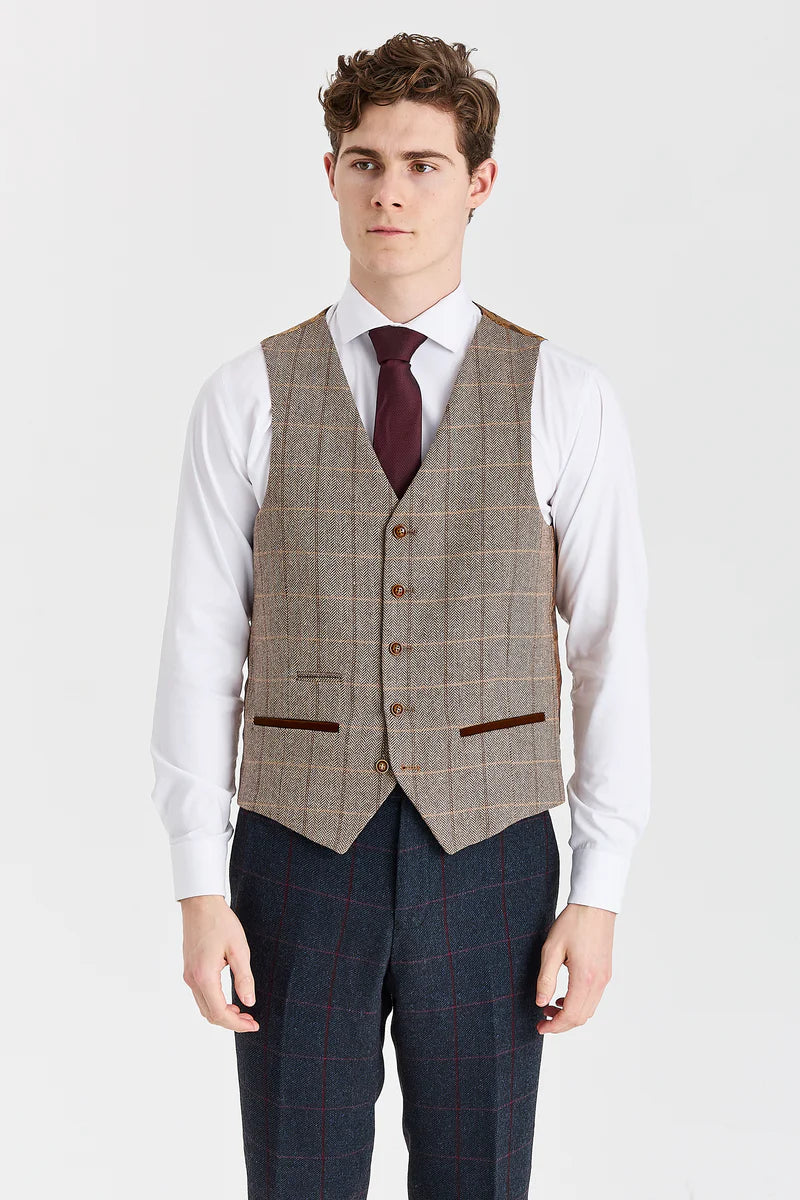 Terno Madrid Navy com colete contrastante em tweed Harris Brown.