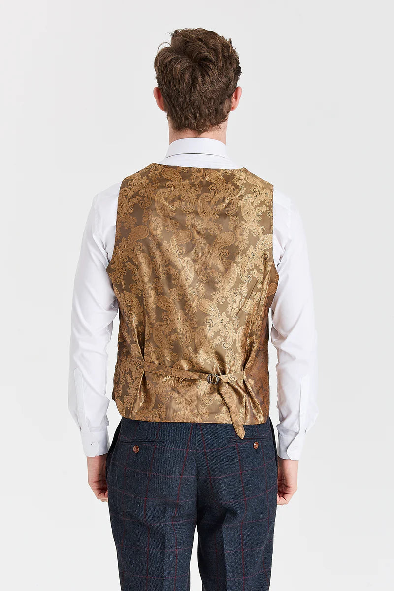 Terno Madrid Navy com colete contrastante em tweed Harris Brown.