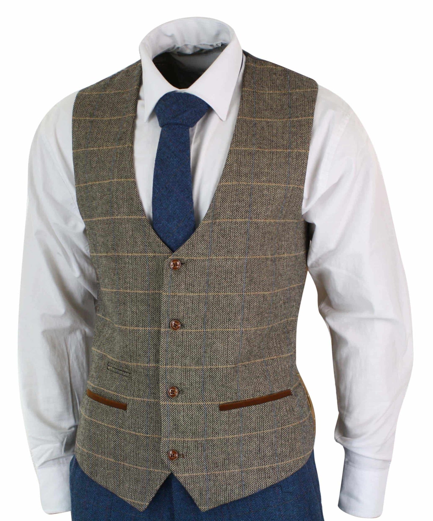 Marc Darcy Dion - Terno masculino de 3 peças em tweed xadrez espinha de peixe, azul, bege e marrom, corte vintage.