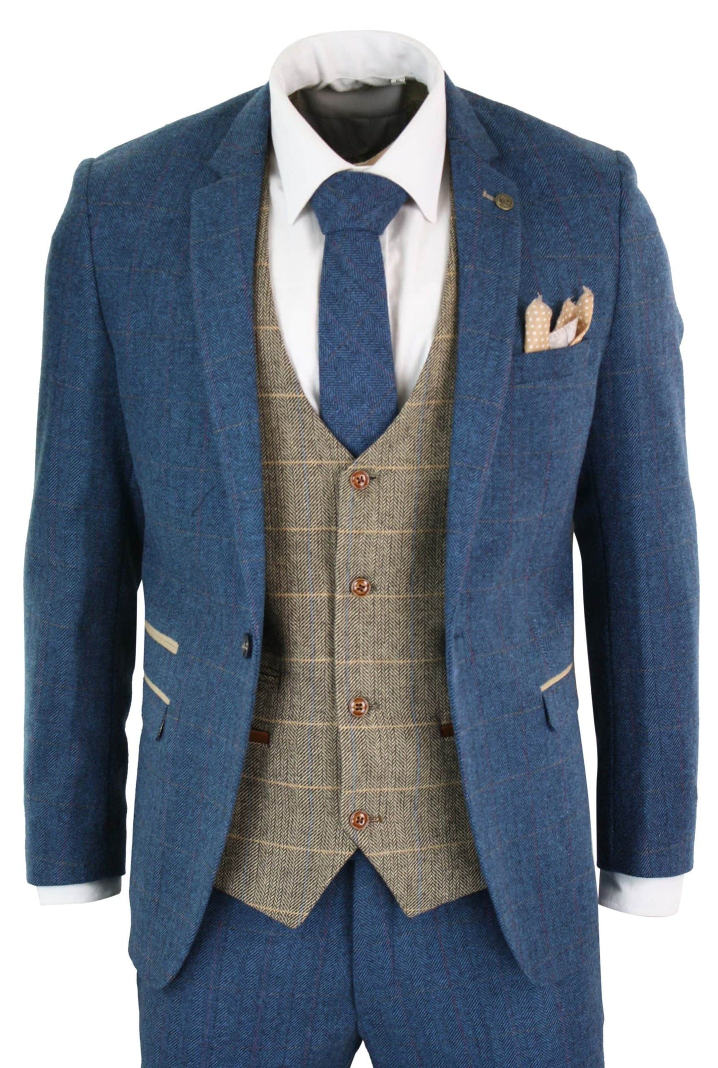 Marc Darcy Dion - Terno masculino de 3 peças em tweed xadrez espinha de peixe, azul, bege e marrom, corte vintage.