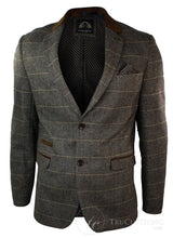 Blazer masculino vintage xadrez espinha de peixe em tweed cinza carvão, ajustado - bege