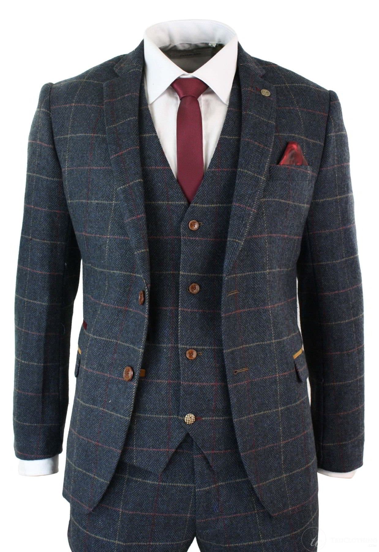 Terno masculino vintage de 3 peças, novo, em tweed espinha de peixe xadrez vinho azul marinho, da marca Marc Darcy.
