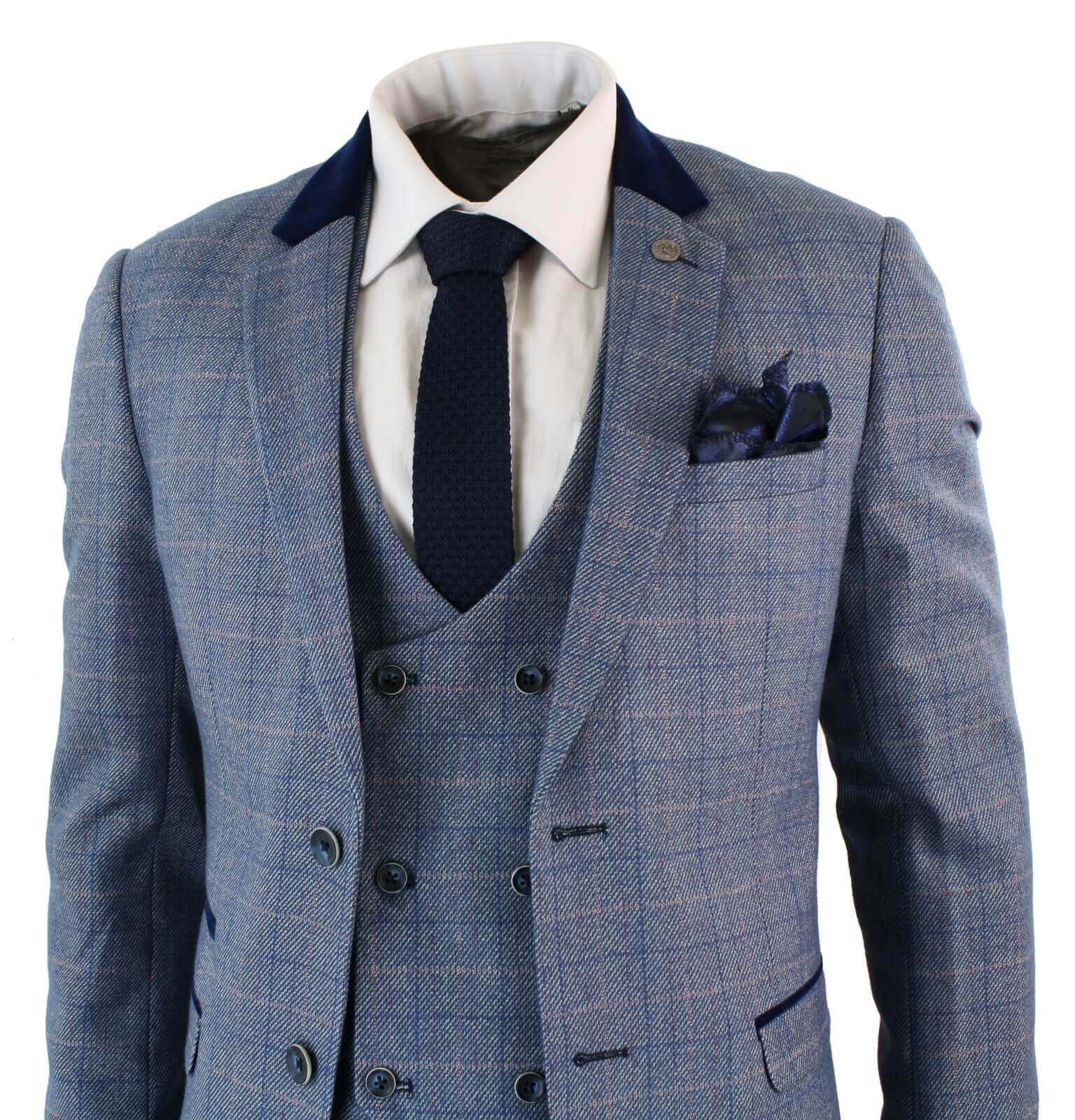 Terno masculino de três peças com estampa xadrez azul - Marc Darcy Hilton