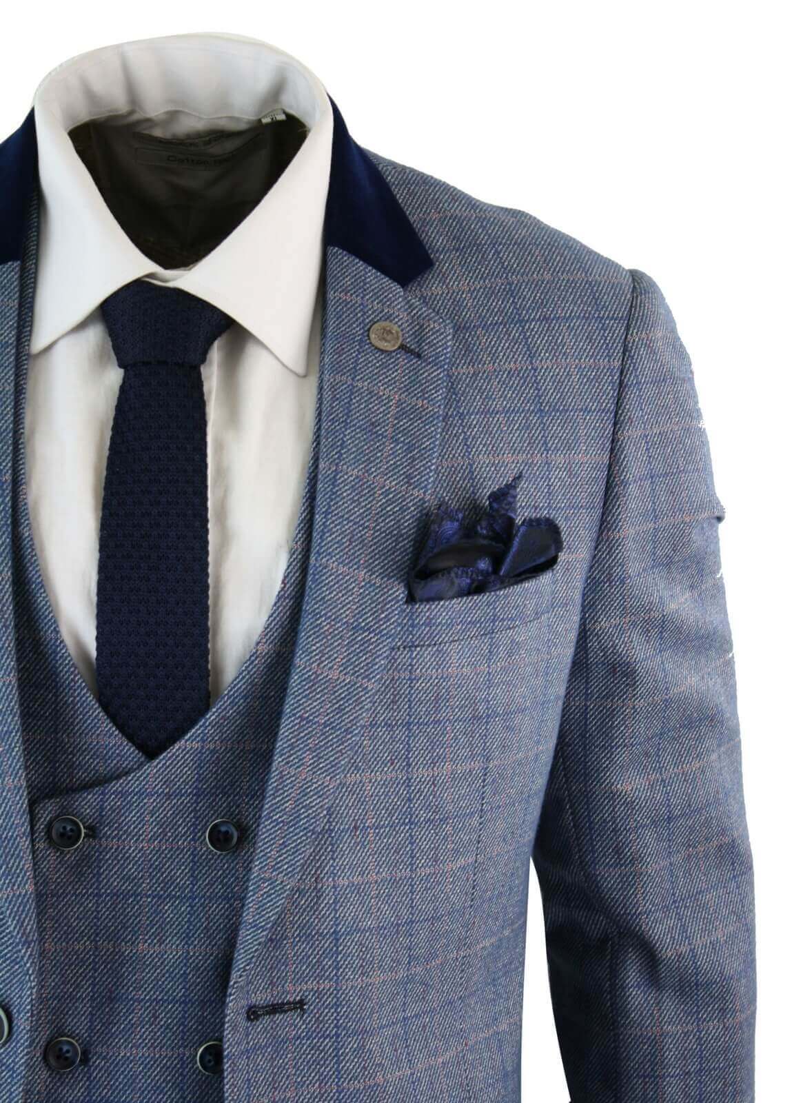 Terno masculino de três peças com estampa xadrez azul - Marc Darcy Hilton