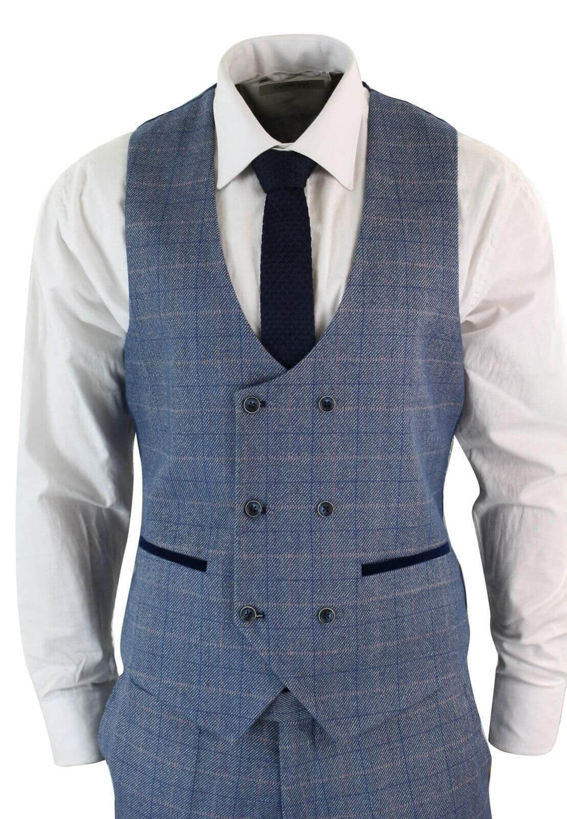Terno masculino de três peças com estampa xadrez azul - Marc Darcy Hilton