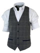 Colete masculino slim fit xadrez cinza, bege e marrom, estilo casual elegante, em tweed xadrez azul-marinho e cinza.