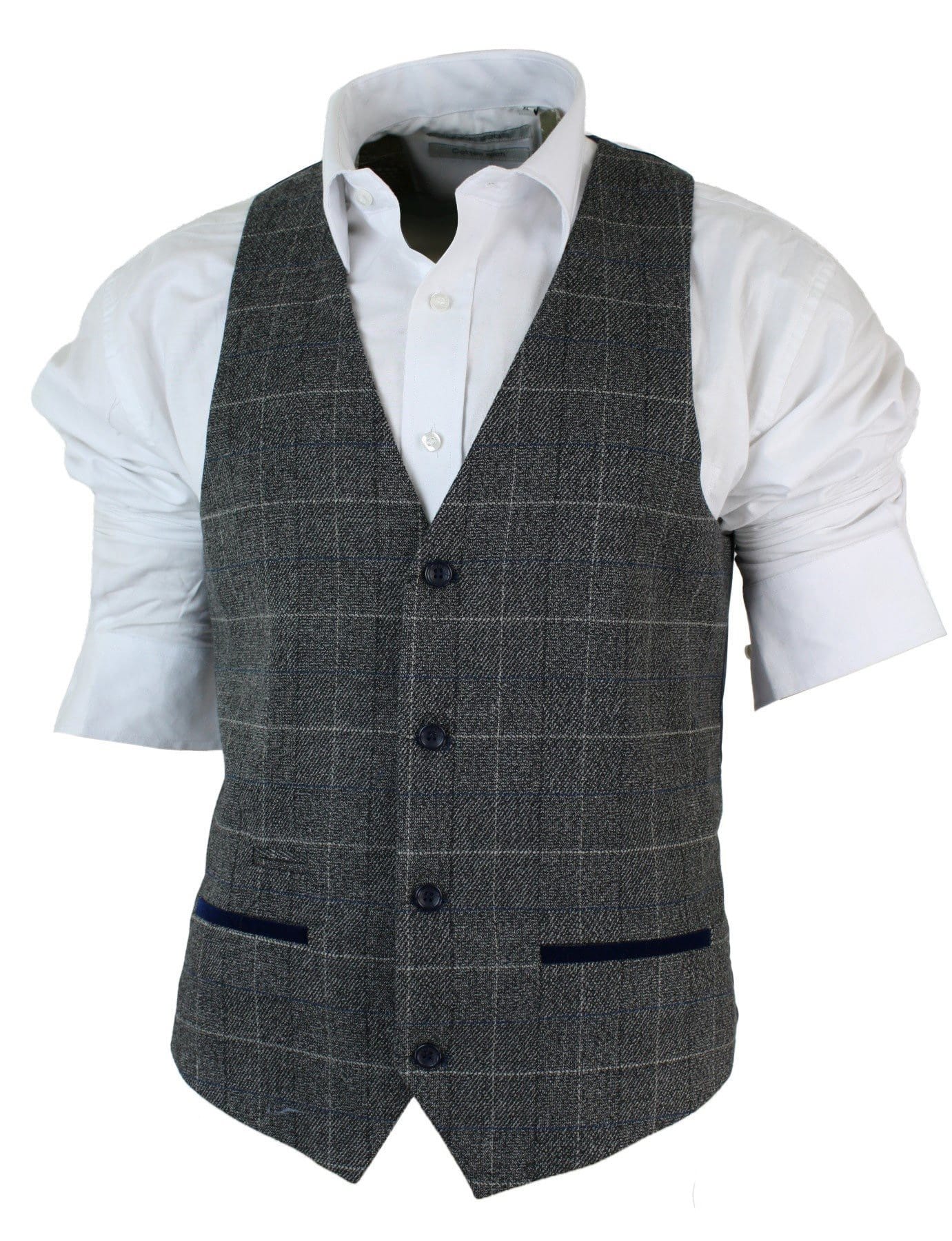 Colete masculino slim fit xadrez cinza, bege e marrom, estilo casual elegante, em tweed xadrez azul-marinho e cinza.