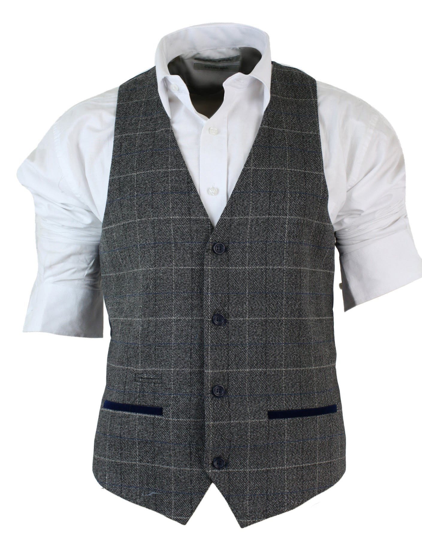 Colete masculino slim fit xadrez cinza, bege e marrom, estilo casual elegante, em tweed xadrez azul-marinho e cinza.