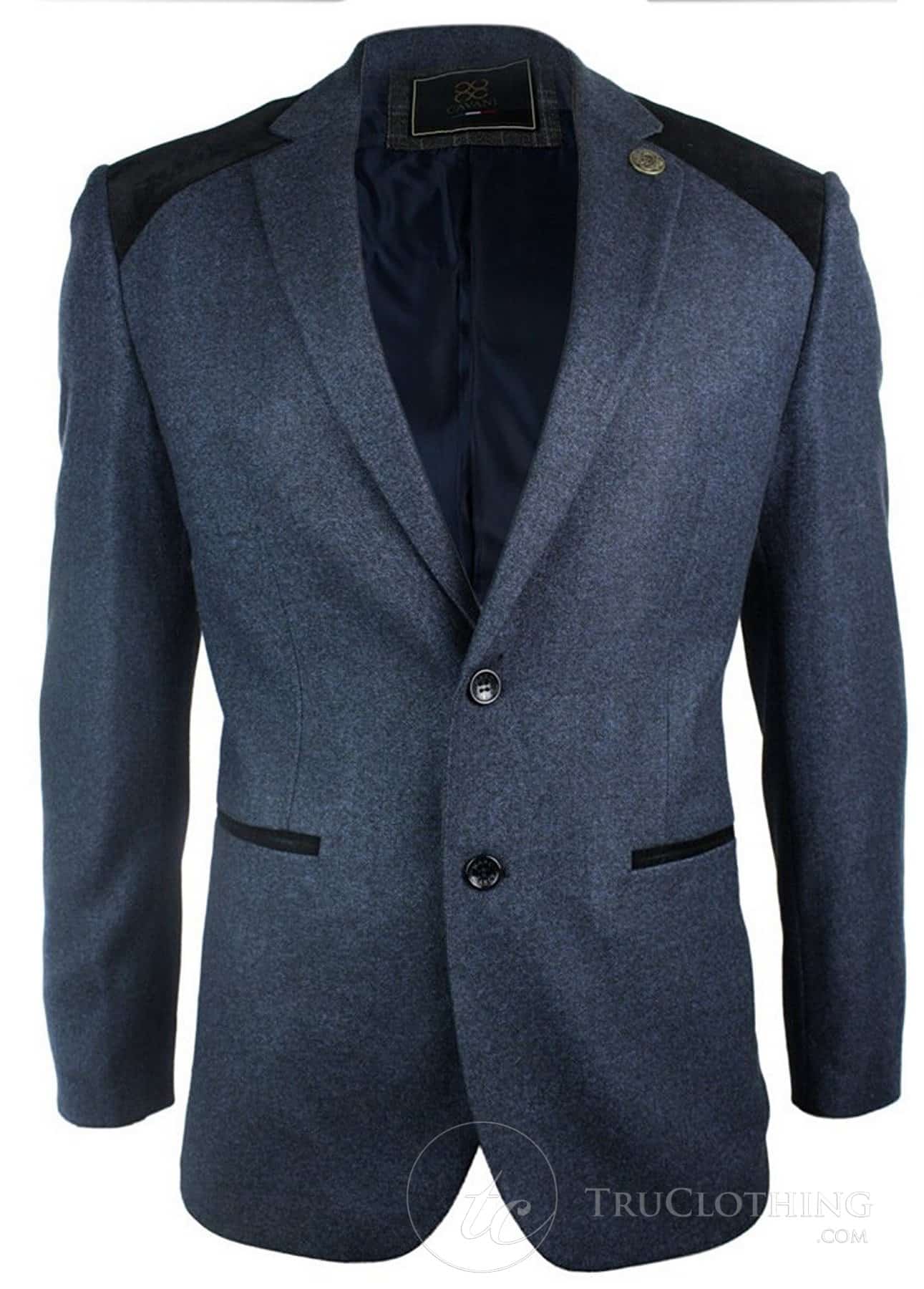 Blazer masculino azul marinho vintage em tweed com punhos de veludo preto até o cotovelo, estilo casual elegante.