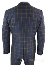 Terno masculino Marc Darcy SBC Roman, 3 peças, azul e dourado, corte slim, xadrez Príncipe de Gales. Ideal para casamentos e formaturas.