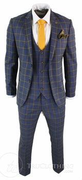 Terno masculino Marc Darcy SBC Roman, 3 peças, azul e dourado, corte slim, xadrez Príncipe de Gales. Ideal para casamentos e formaturas.