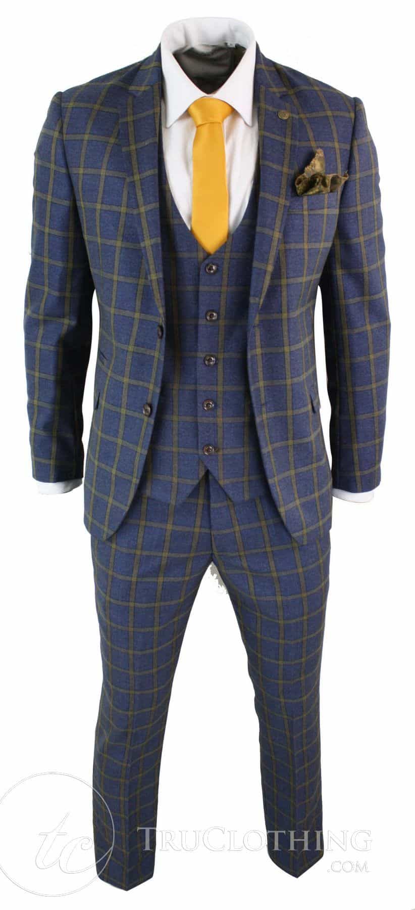 Terno masculino Marc Darcy SBC Roman, 3 peças, azul e dourado, corte slim, xadrez Príncipe de Gales. Ideal para casamentos e formaturas.