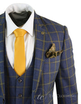 Terno masculino Marc Darcy SBC Roman, 3 peças, azul e dourado, corte slim, xadrez Príncipe de Gales. Ideal para casamentos e formaturas.