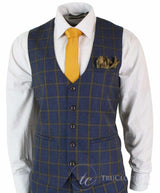 Terno masculino Marc Darcy SBC Roman, 3 peças, azul e dourado, corte slim, xadrez Príncipe de Gales. Ideal para casamentos e formaturas.