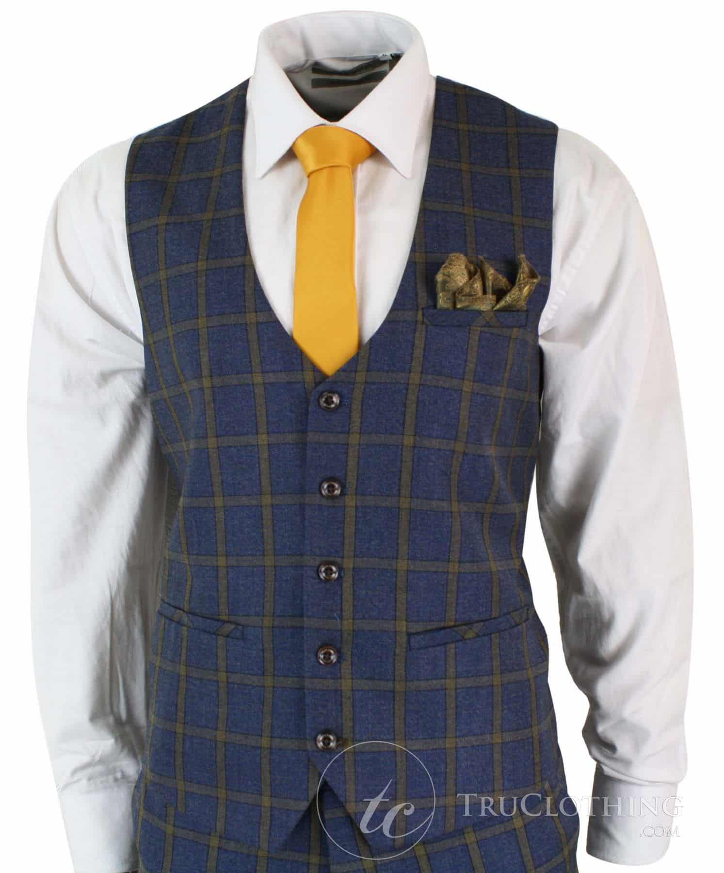 Terno masculino Marc Darcy SBC Roman, 3 peças, azul e dourado, corte slim, xadrez Príncipe de Gales. Ideal para casamentos e formaturas.