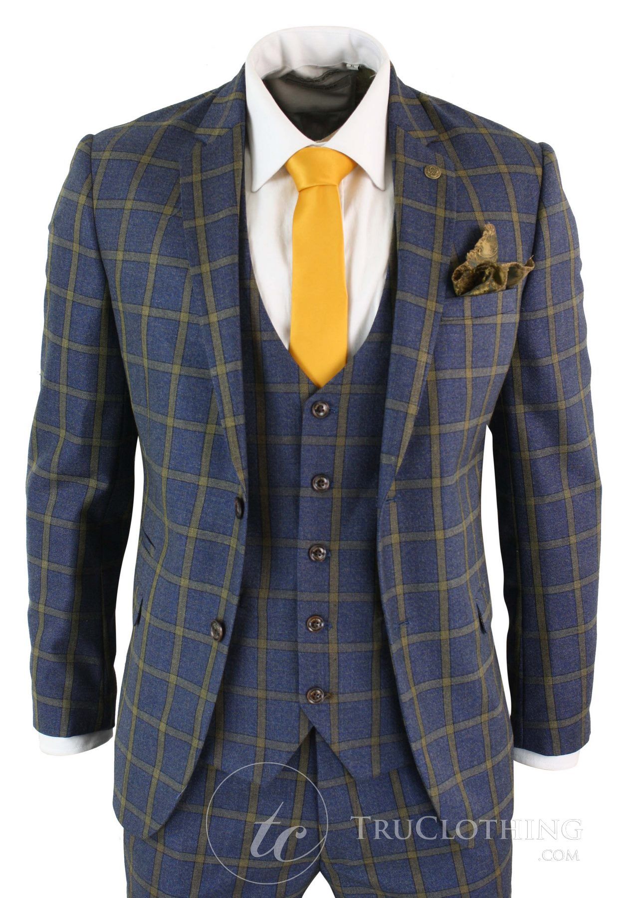 Terno masculino Marc Darcy SBC Roman, 3 peças, azul e dourado, corte slim, xadrez Príncipe de Gales. Ideal para casamentos e formaturas.