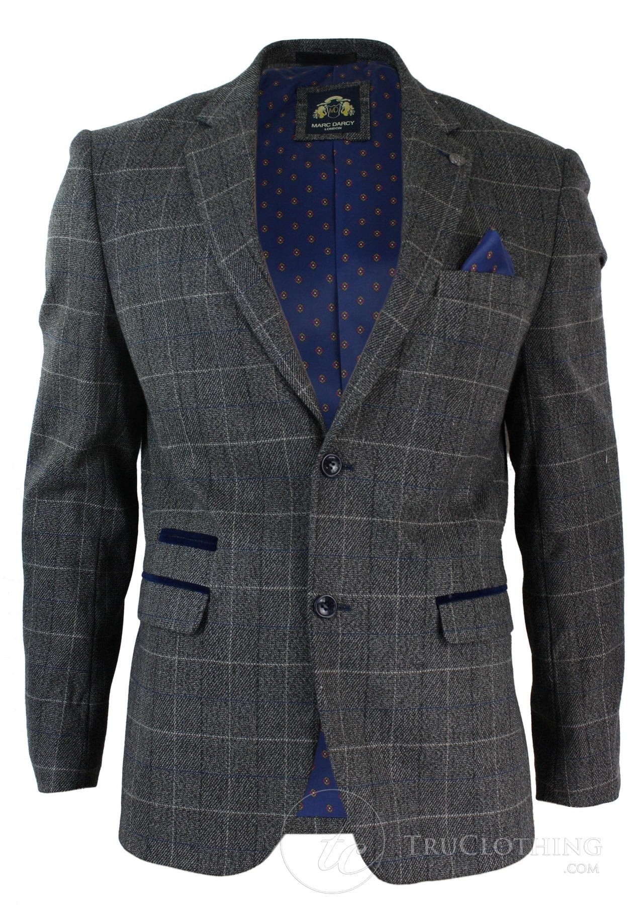 Blazer masculino cinza xadrez espinha de peixe em tweed, corte vintage, com detalhes em veludo azul.