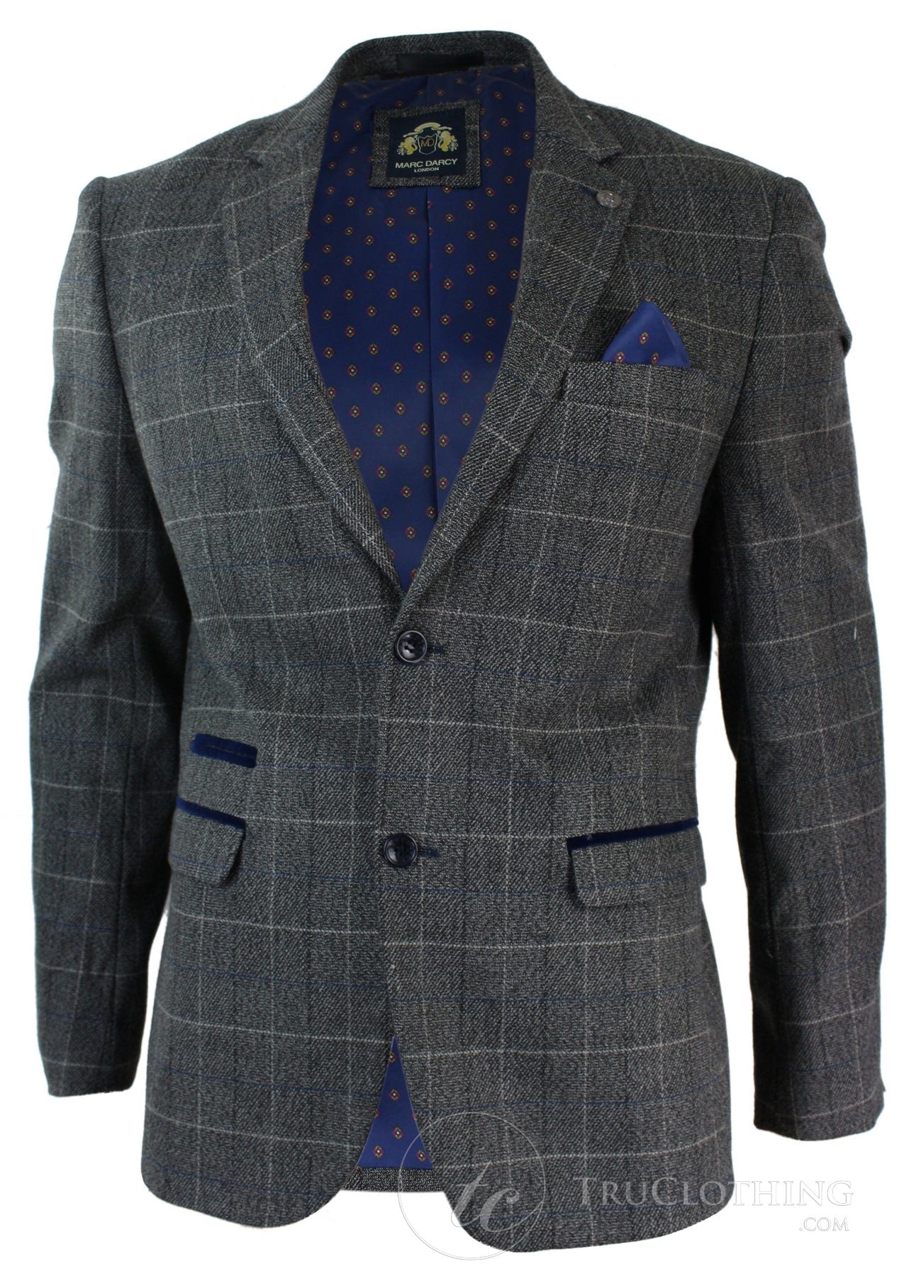 Blazer masculino cinza xadrez espinha de peixe em tweed, corte vintage, com detalhes em veludo azul.