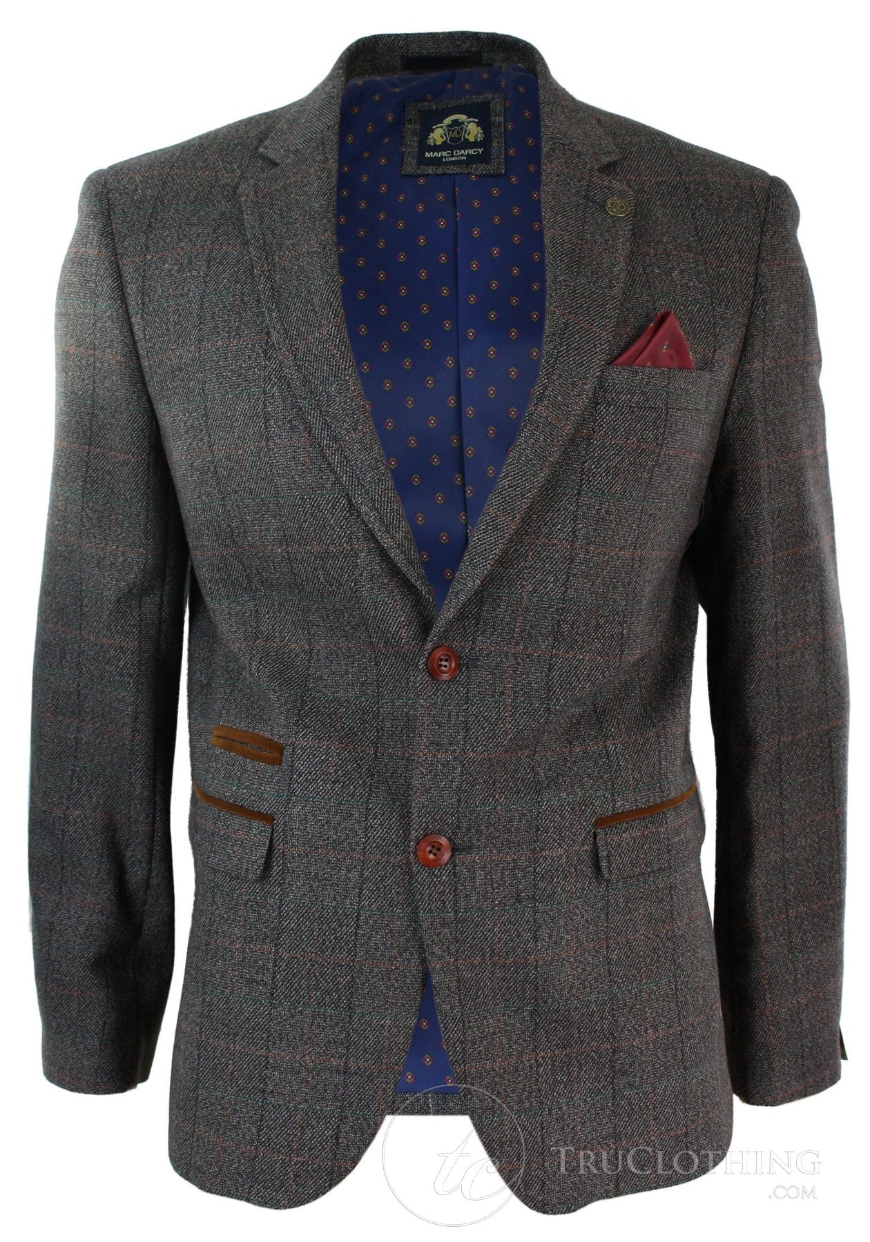 Blazer masculino vintage xadrez espinha de peixe em tweed cinza com detalhes em veludo azul e acabamento em tom bege.