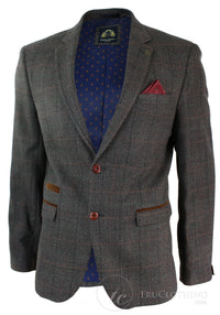 Blazer masculino vintage xadrez espinha de peixe em tweed cinza com detalhes em veludo azul e acabamento em tom bege.
