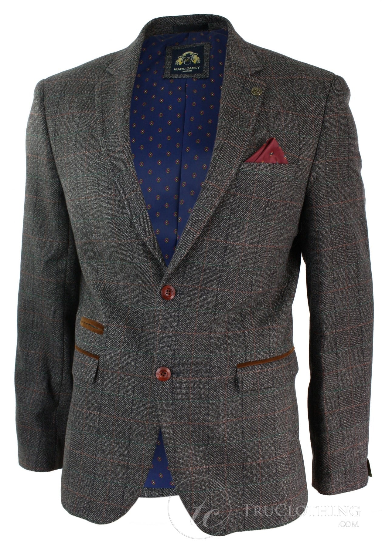 Blazer masculino vintage xadrez espinha de peixe em tweed cinza com detalhes em veludo azul e acabamento em tom bege.