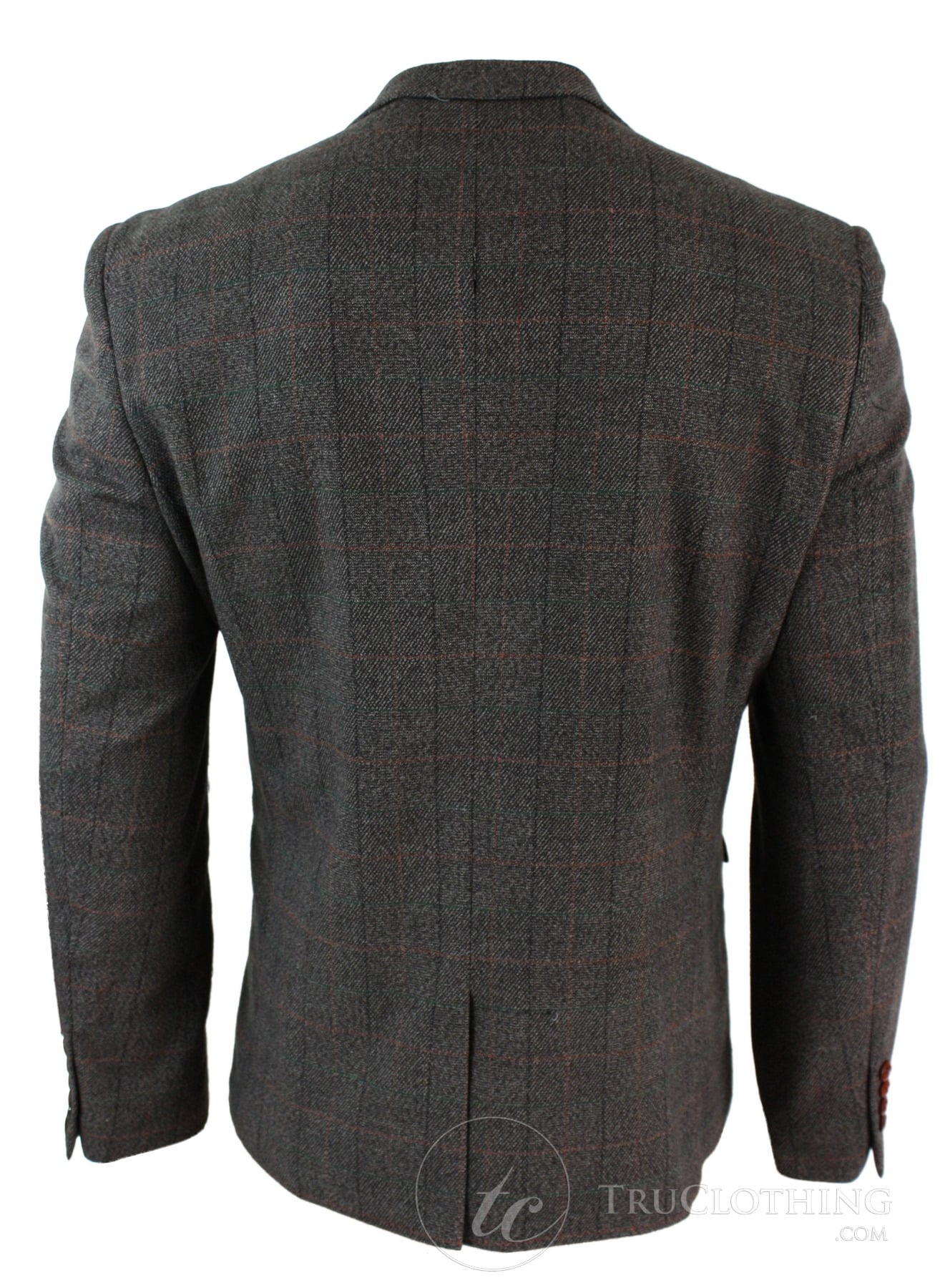 Blazer masculino vintage xadrez espinha de peixe em tweed cinza com detalhes em veludo azul e acabamento em tom bege.