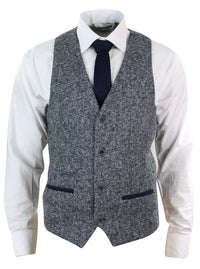 Blazer colete masculino cinza e azul com estampa espinha de peixe em tweed, corte slim, estrutura robusta, estilo casual elegante.