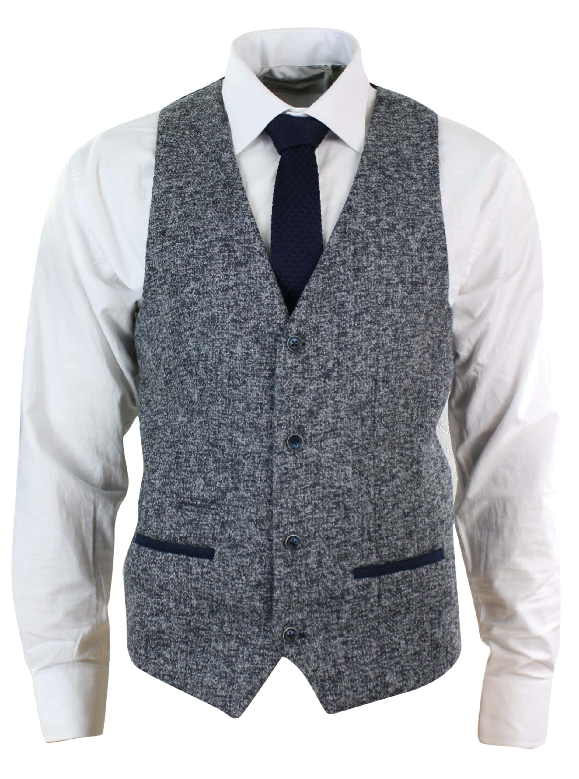 Blazer colete masculino cinza e azul com estampa espinha de peixe em tweed, corte slim, estrutura robusta, estilo casual elegante.