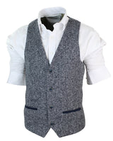 Blazer colete masculino cinza e azul com estampa espinha de peixe em tweed, corte slim, estrutura robusta, estilo casual elegante.