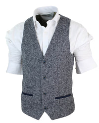 Blazer colete masculino cinza e azul com estampa espinha de peixe em tweed, corte slim, estrutura robusta, estilo casual elegante.