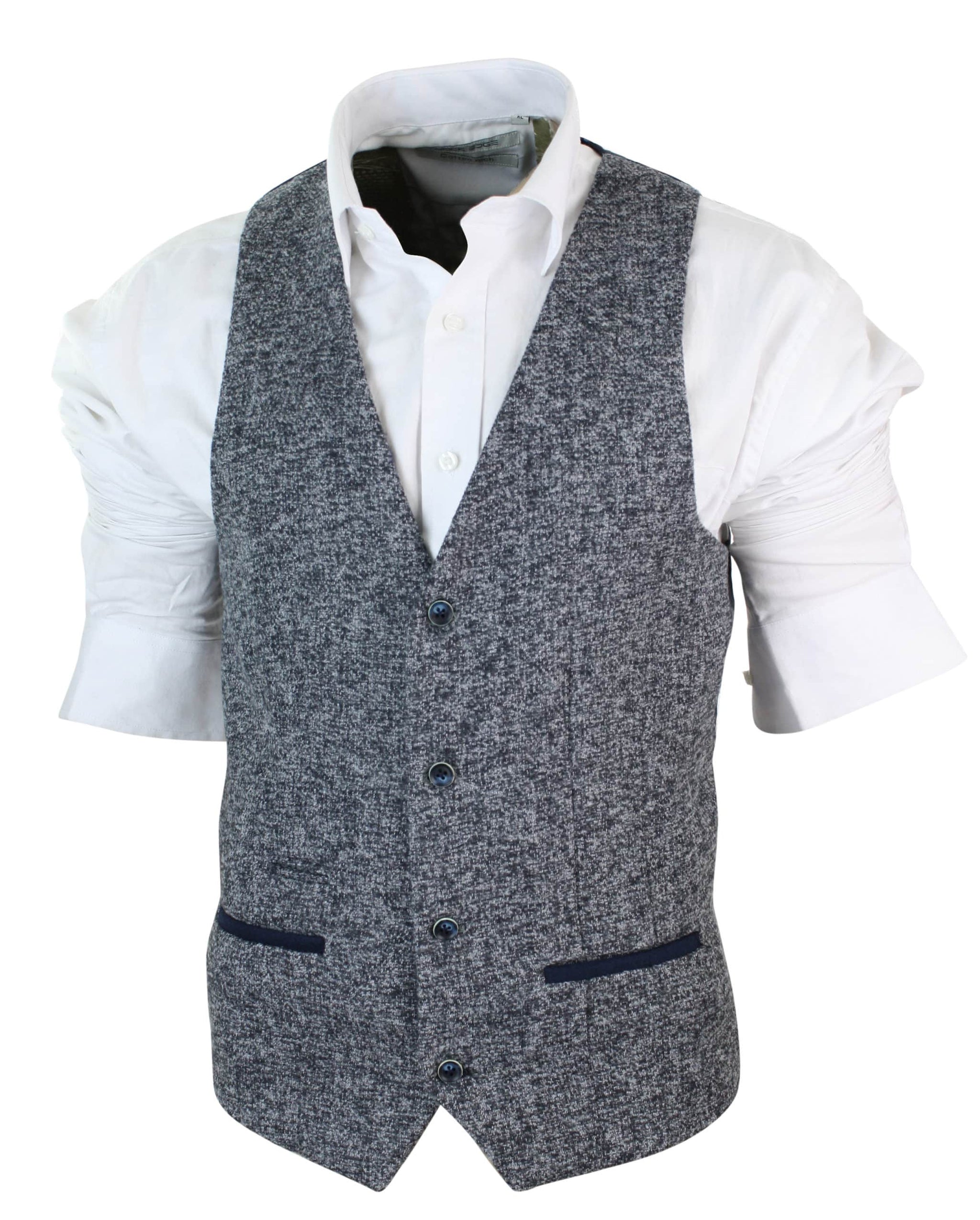 Blazer colete masculino cinza e azul com estampa espinha de peixe em tweed, corte slim, estrutura robusta, estilo casual elegante.