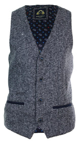 Blazer colete masculino cinza e azul com estampa espinha de peixe em tweed, corte slim, estrutura robusta, estilo casual elegante.