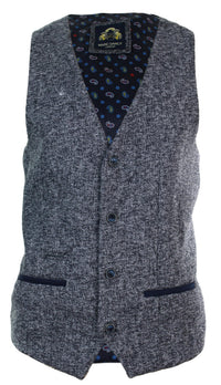 Blazer colete masculino cinza e azul com estampa espinha de peixe em tweed, corte slim, estrutura robusta, estilo casual elegante.