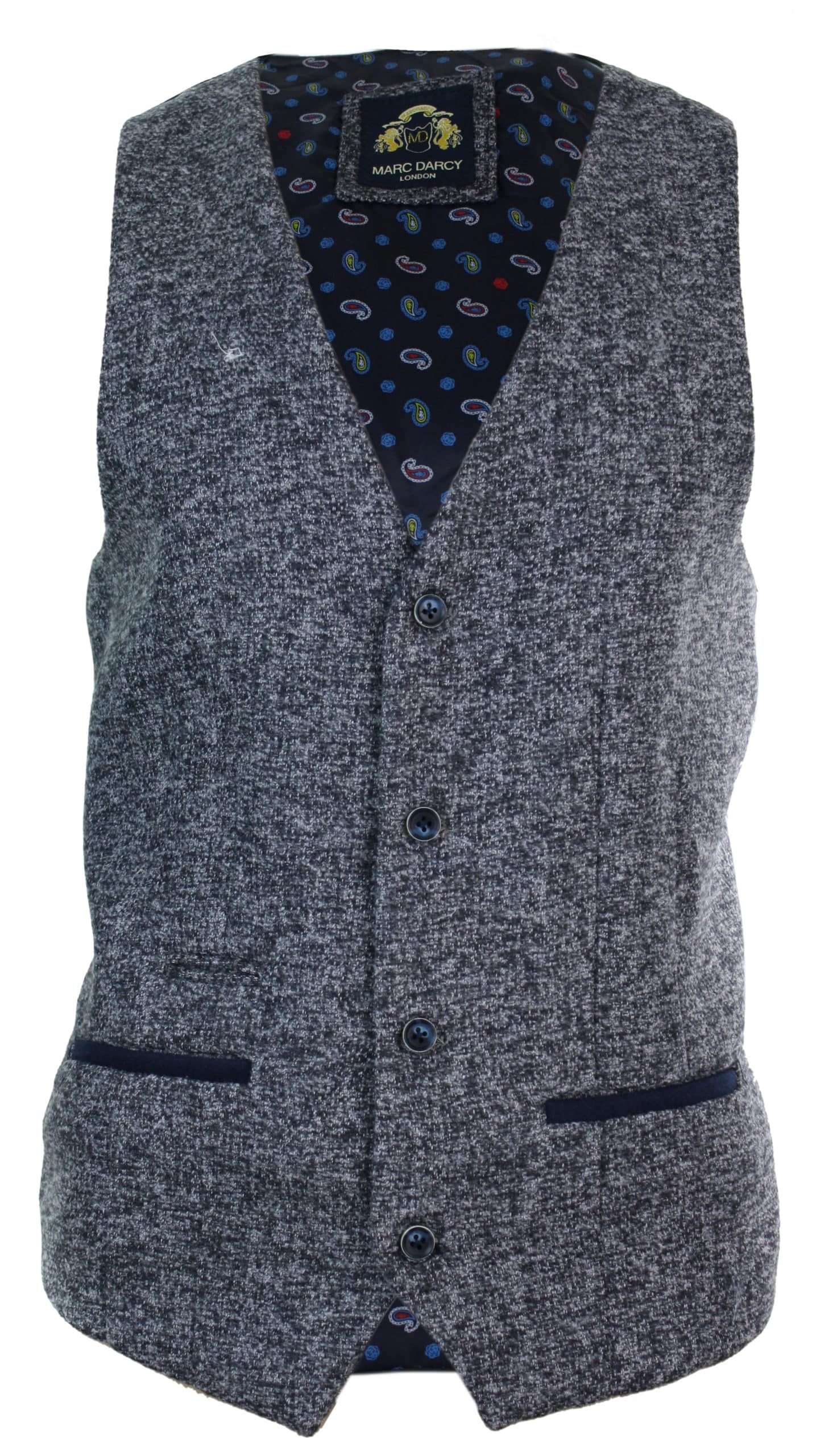 Blazer colete masculino cinza e azul com estampa espinha de peixe em tweed, corte slim, estrutura robusta, estilo casual elegante.