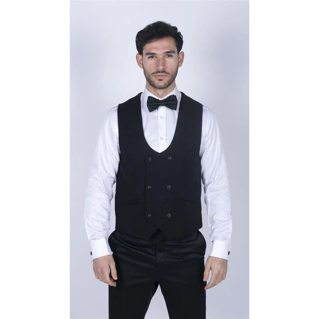 Marco - Colete preto masculino de abotoamento duplo e decote redondo