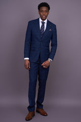 Marcos - Terno masculino de 3 peças, corte slim, xadrez azul marinho.