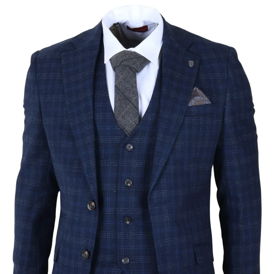 Marcos - Terno masculino de 3 peças, corte slim, xadrez azul marinho.
