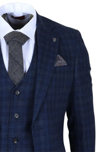 Marcos - Terno masculino de 3 peças, corte slim, xadrez azul marinho.